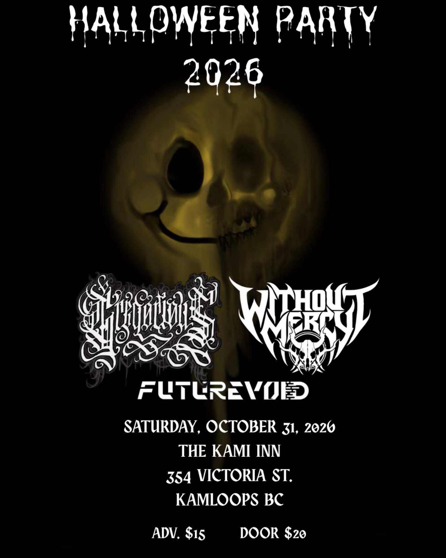 Metal Halloween Party poster for October 31 at The Kami Inn with Without Mercy, Gregorious, and Futurevoid