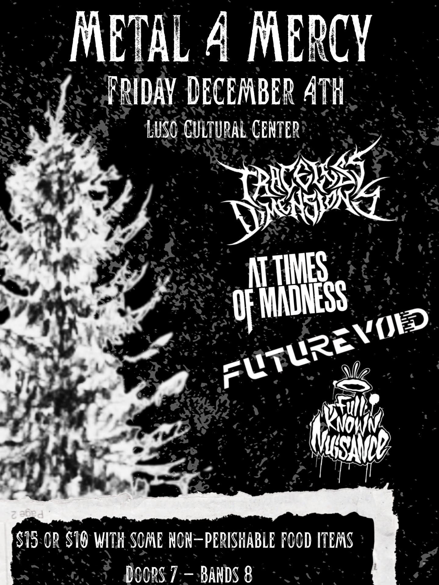 Charity show poster for December 4 at Luso Cultural Center with Traceless Dimensions, At Times of Madness, and Futurevoid